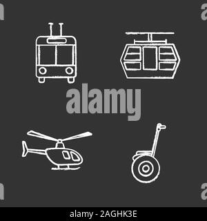 Öffentliche Verkehrsmittel chalk Symbole gesetzt. Verkehrsträger. Obus, Seilbahn, Hubschrauber, Selbstausgleichenden scooter. Isolierte vektor Schiefertafel illustrati Stock Vektor