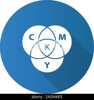 CMYK-Kreis Modell flache Bauweise lange Schatten glyph Icon. Cyan, Magenta, Yellow, key Farbschema. Vektor silhouette Abbildung Stock Vektor