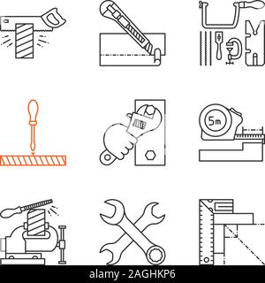 Construction Tools lineare Symbole gesetzt. Zapfensäge, Schreibwaren, Messer, Schraubendreher, Schraubenschlüssel, Meter, Schraubstock, gekreuzt Schraubenschlüssel einstellen. Dünne Linie cont Stock Vektor