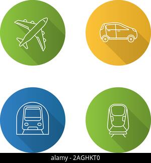 Öffentliche Verkehrsmittel Flachbild lineare lange Schatten Symbole gesetzt. Verkehrsträger. Flugzeug, Auto, Transrapid, der U-Bahn. Vektor Kontur Abbildung Stock Vektor