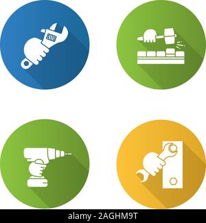 Bau Werkzeuge flach Design lange Schatten glyph Icon. Schraubenschlüssel in der Hand, Pflaster Steine und Pauschalbeträge, Hammer, Bohrmaschine. Vektor silhouette Abbildung Stock Vektor