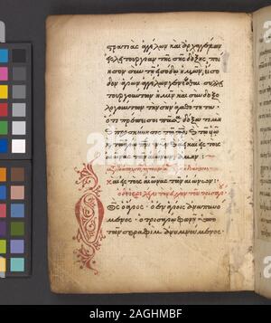 In de Ricci, Seymour, Volkszählung Handschriften des Mittelalters und der Renaissance in den Vereinigten Staaten und Kanada aufgeführt. New York. New York: H.W. Wilson, 1935; und Ergänzen, New York, N.Y.: Bibliographische Gesellschaft von Amerika, 1962. Alte Bindung, wahrscheinlich original; dunkelbraun Leder über Zwischenablage, Blinde mit einer Kreuzigung gestempelt. Ownership: Die von Schreiber in die Kirche in der großen lawra St. Athanasios am Mt. Athos; Charles F. Gunther von Chicago; Verkauf von American Art Association 1925; Bibliothek von Wilberforce Eames von Brooklyn, NY; vermachte von Eames, NYPL 1940.; Liturgie Stockfoto