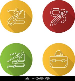 Bau Werkzeuge flach linear lange Schatten Symbole gesetzt. Spitzzange und Tischler Ende schneiden, Zangenöffnung, Werkzeugtasche. Vektor Kontur Abbildung Stock Vektor
