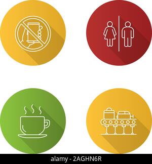 Airport Service flach linear lange Schatten Symbole gesetzt. Smartphone verbot, WC, warmes Getränk, Gepäck, Karussell. Vektor Kontur Abbildung Stock Vektor