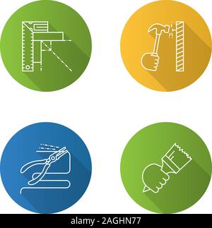 Bau Werkzeuge flach linear lange Schatten Symbole gesetzt. Set Square, Nagel gehämmert, Rundzange, Pinsel in der Hand. Vektor Kontur Abbildung Stock Vektor
