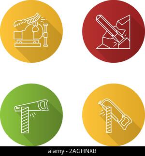 Bau Werkzeuge flach linear lange Schatten Symbole gesetzt. Schraubstock und Drahtbürste, Bügeleisen Meißel, Handsäge und Säge schneiden Holzbrett. Vektor outlin Stock Vektor