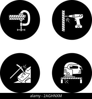 Construction Tools Glyphe Symbole gesetzt. Schraubzwinge, tragbare Schraubendreher, Pickel, elektrische Stichsäge. Vektor weisse Silhouetten Abbildungen in Schwarz circl Stock Vektor