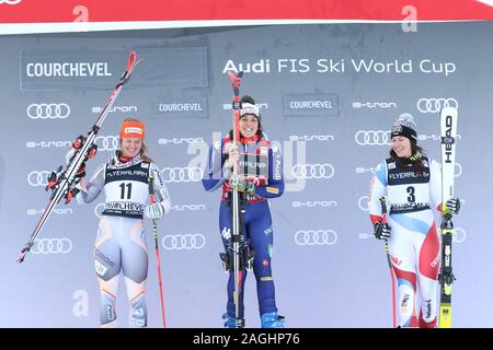 Courchevel, Frankreich, 17.Dezember 2019, Federica Brignone von Italien gewinnt Riesenslalom der Frauen Audi FIS Alpine Ski World Cup 2019/20 Skifahren Sport Wintersport Stockfoto