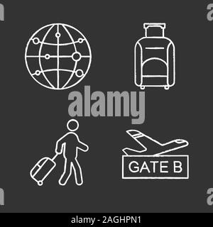 Airport Service chalk Symbole gesetzt. Route Map, Gepäck, Beifahrer, Flughafen Tor. Isolierte vektor Tafel Abbildungen Stock Vektor