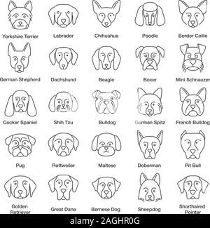 Hunde Rassen lineare Symbole gesetzt. Guide, Guardian, Jagd- und Hütehunde. Thin Line Kontur Symbole. Isolierte vektor Kontur Abbildungen Stock Vektor