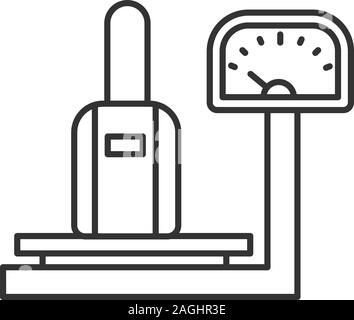 Gepäck Waage lineare Symbol. Dünne Linie Abbildung. Gepäck Gewicht prüfen. Kontur Symbol. Vektor isoliert Maßbild Stock Vektor
