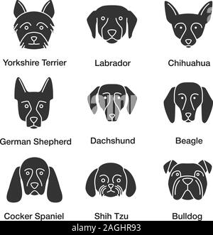 Hunde Rassen Glyphe Symbole gesetzt. Yorkshire Terrier, Labrador, Deutscher Schäferhund, Chihuahua, Dackel, Beagle, Cocker Spaniel, Shih Tzu, Englische Bulldogge. Si Stock Vektor