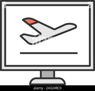 Flugtickets online buchen Farbe Symbol. Flüge schedule.Computer Display mit dem Flugzeug. Isolierte Vector Illustration Stock Vektor