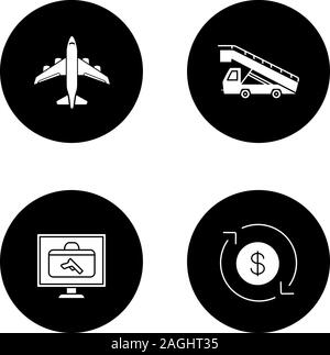 Airport Service glyph Symbole gesetzt. Flugzeug, Lkw, Gepäck, Scanner, Dollar, Wechselstube. Vektor weisse Silhouetten Abbildungen in Schwarz cir Stock Vektor