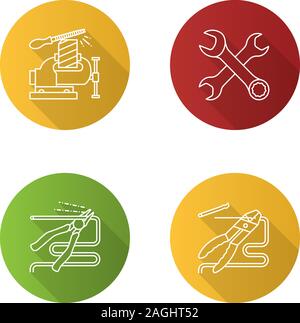 Bau Werkzeuge flach linear lange Schatten Symbole gesetzt. Schraubstock, gekreuzten Schlüssel, Zangen, Kombizange greifen. Vektor Kontur Abbildung Stock Vektor