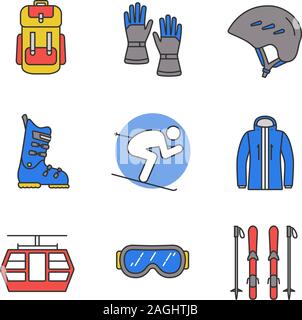 Aktivitäten im Winter color Symbole gesetzt. Rucksack, Handschuhe, Schutzbrille, Helm, Ski, Boards und Stöcke, Skifahrer, Jacke, der Standseilbahn. Isolierte Vektor illustrati Stock Vektor
