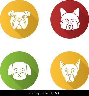 Hunde Rassen flache Bauweise lange Schatten Glyphe Symbole gesetzt. Englische Bulldogge, Spitz, der maltesischen, der Dobermann. Vektor silhouette Abbildung Stock Vektor