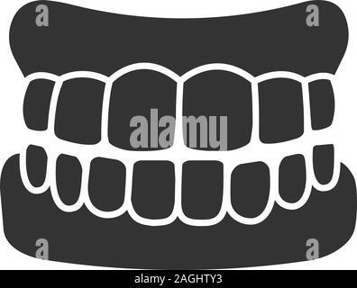 Zahnersatz glyph Icon. Falsche Zähne. Menschliche Kiefer mit Zähnen. Silhouette Symbol. Negativer Platz. Vektor isoliert Abbildung Stock Vektor