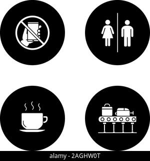Airport Service glyph Symbole gesetzt. Smartphone verbot, WC, warmes Getränk, Gepäck, Karussell. Vektor weisse Silhouetten Abbildungen in schwarzen Kreisen Stock Vektor