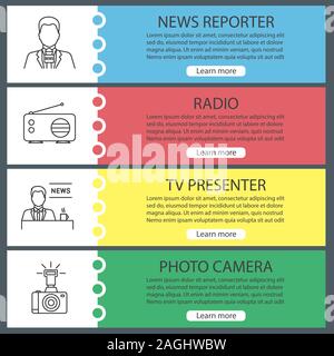 Massenmedien Web Banner Vorlagen eingestellt. Nachrichten Reporter, Radio, TV-Moderatorin, Foto Kamera. Website Farbe Menüpunkte mit linearen Symbolen. Vektor Header desi Stock Vektor