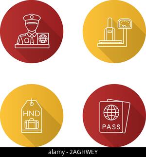 Airport Service flach linear lange Schatten Symbole gesetzt. Pass Control Officer, Gepäck Waage, Kofferanhänger, Pass. Vektor Kontur Abbildung Stock Vektor