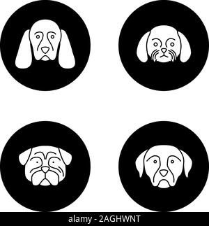 Hunde Rassen Glyphe Symbole gesetzt. Cocker Spaniel, Shih Tzu, Mops, Rottweiler. Vektor weisse Silhouetten Abbildungen in schwarzen Kreisen Stock Vektor