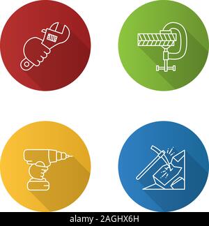 Bau Werkzeuge flach linear lange Schatten Symbole gesetzt. In der Hand Schraubenschlüssel Schraubzwinge, Akku-bohrschrauber, Spitzhacke. Vektor Kontur Abbildung Stock Vektor