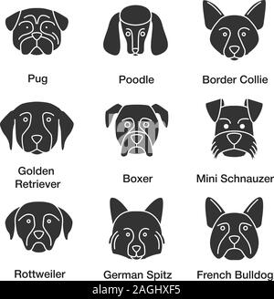 Hunde Rassen Glyphe Symbole gesetzt. Mops, Pudel, Border Collie, Golden Retriever, Boxer, Zwergschnauzer, Rottweiler, Spitz, Französische Bulldogge. Silho Stock Vektor