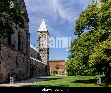 Die Kathedrale von Lund und Park an einem hellen Sommertag in Schweden. Stockfoto