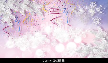 Frohe Weihnachten, Tannenzweigen und Schneeflocken auf weichen blass rosa-violetten Gradienten blur Tapete. Frohes neues Jahr. Stockfoto