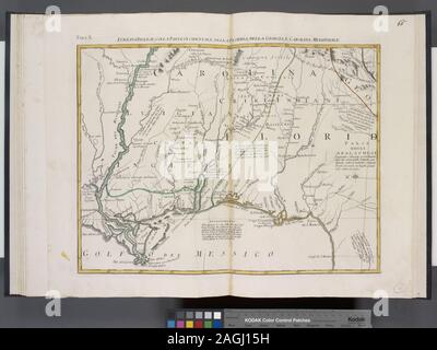 Von Guiliaume Thomas Frangois Raynal's Storia dell'America Settentrionale. 1778. Lawrence H. Schlachtung Sammlung; 550 e. NYPL Kopie in 1 V, 41 cm gebunden. Nationale Stiftung für Geisteswissenschaften gewähren für den Zugang zu den frühen Karten der mittleren Atlantikküste. Relief bildlich dargestellt. Titel Blatt umfasst dekorative Kartusche mit einer Karte von Bermuda. NYPL Kopie handschriftlich auf der oberen, rechten Ecke in der Tinte: 66.; Luigiana Inglese, Colla parte Occidentale, della Florida, della Georgia, e Carolina Merid [i] onale. Stockfoto