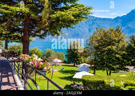 In Limone am Gardasee, Lombardei, Italien - 12 September 2019: Gehweg in der Nähe der Küste des Gardasees mit blühenden Blumen, hohe immergrüne Bäume, grünen Rasen Stockfoto