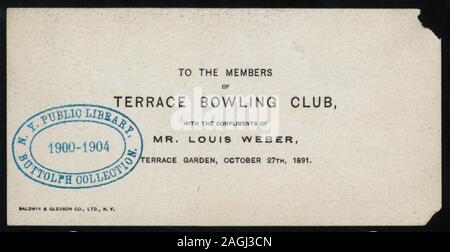 Obere Abdeckung aus Zelluloid; in der linken oberen Ecke von Red Ribbon befestigt; ESSEN FÜR DIE MITGLIEDER DER TERRASSE BOWLING CLUB [von] Herr LOUIS WEBER [bei] Terrasse Garten,? Stockfoto