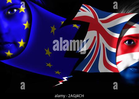 Brexit. UK EU verlassen. Flagge von Großbritannien und der Europäischen Union malte auf menschliches Gesicht. Stockfoto