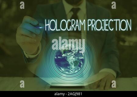 Konzeptionelle Handschrift mit Hologramm Projektion. Begriff Sinne fotografische Projektion einer Aufnahme eines leichten Elemente dieses Bild furnishe Stockfoto