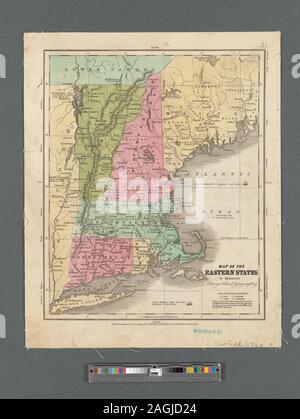 Entlastung durch hachures. Zeigt Bezirke, Städte und die wichtigsten Verkehrswege in Neu-England-Staaten; zeigt Schlachtfelder im angrenzenden östlichen Staat New York. Mit Erläuterung der Bevölkerung, Gewässer, Dimensionen und Distanzen. Prime meridian: Washington. Der Margen: Norden, Osten, Süden, Westen; Namen der Städte in der gleichen Zeile von Latitude. Zuordnung der Nation (NEH gewähren, 2015-2018); Karte des östlichen Staaten Stockfoto