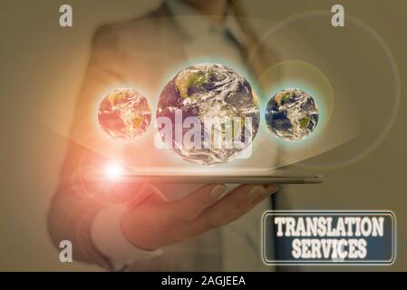 Handschrift Text schreiben Translation Services. Konzeptionelle foto Organisation, geben, rede Elemente dieses Bild zu übersetzen eingerichtet Stockfoto
