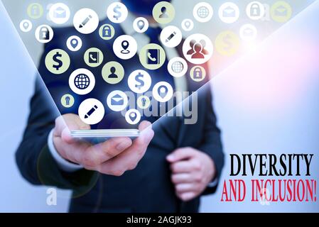 Schreiben Hinweis zeigt Vielfalt und Integration. Business Konzept für Bereich huanalysis Unterschied umfasst Rasse ethnische Zugehörigkeit Geschlecht Stockfoto