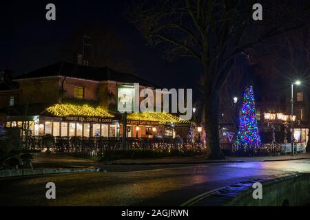 De La Hayes Cafe Teestube Weihnachtsbaum und leuchtet in der Nacht. Bourton auf dem Wasser, Cotswolds, Gloucestershire, England Stockfoto