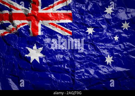 Flagge Australien auf zerknittertes Papier. Flagge gedruckt auf einem Blatt. Flagge Bild für Design auf Flyer, Werbung. Stockfoto