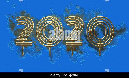 Glück für das Neue Jahr Schriftzug 2020 von Gold gegossen über alte vintage Rost und faule Hintergrund mit Deep Blue Peel paint gemacht. 3D-Darstellung. Stockfoto