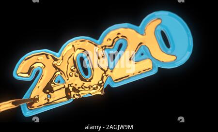 Glück für das Neue Jahr Schriftzug 2020 durch blaue Keramik, die mit flüssigem Gold gefüllt ist. Auf schwarzen Hintergrund, 3D-Illustration isoliert. Selecti Stockfoto