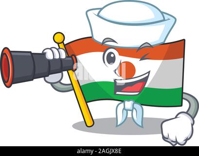 Happy Sailor Flagge niger Blättern cartoon Design mit Fernglas Stock Vektor