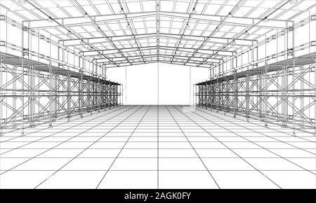 Zeichnung oder Skizze einer großen Lagerhalle mit Regalen. Vektor aus