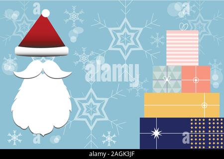 Santa Claus Schnurrbart und Red Hat mit Schnee und Geschenk auf blauem Hintergrund Vektor Stock Vektor