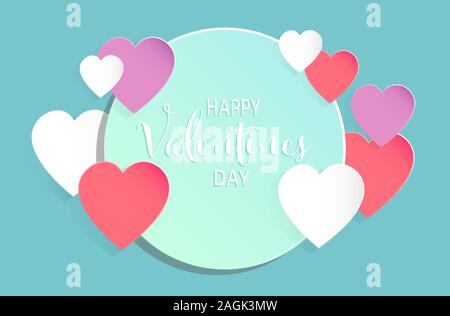 Valentinstag Konzept Hintergrund. Vektorgrafiken. Papierherzen mit Kreisrahmen auf pastellblauem Hintergrund. Süßes Banner zum Ververkauf von Liebe Stock Vektor