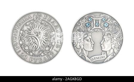 Silber münze Weißrussland 20 Rubel Sternzeichen Zwillinge Stockfoto