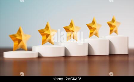 Fünf Sterne Rating auf dem Tisch. 3D-Darstellung. Stockfoto