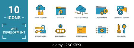 Web Development Icon Set. Kreative Elemente Suche, seo, Cloud Storage, Cloud Management, Netzwerkverbindung Symbole enthalten. Kann für den Bericht verwendet werden. Stockfoto