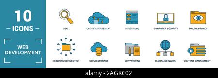 Web Development Icon Set. Kreative Elemente Suche, seo, Cloud Storage, Cloud Management, Netzwerkverbindung Symbole enthalten. Kann für den Bericht verwendet werden. Stockfoto